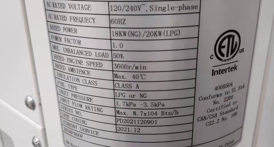 20 kW Natural Gas/Propane Generator (120/240V Single Phase 60Hz)